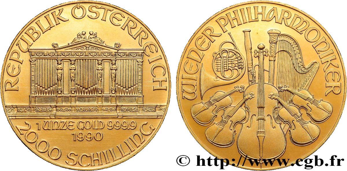 INVESTMENT GOLD 1 Oz - 2000 Schilling LE PHILARMONIQUE DE VIENNE 1990 Vienne MS 