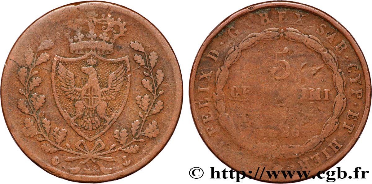 ITALIA - REGNO DE SARDINIA 5 Centesimi Royaume de Sardaigne type au “P” 1826 Gênes MB 