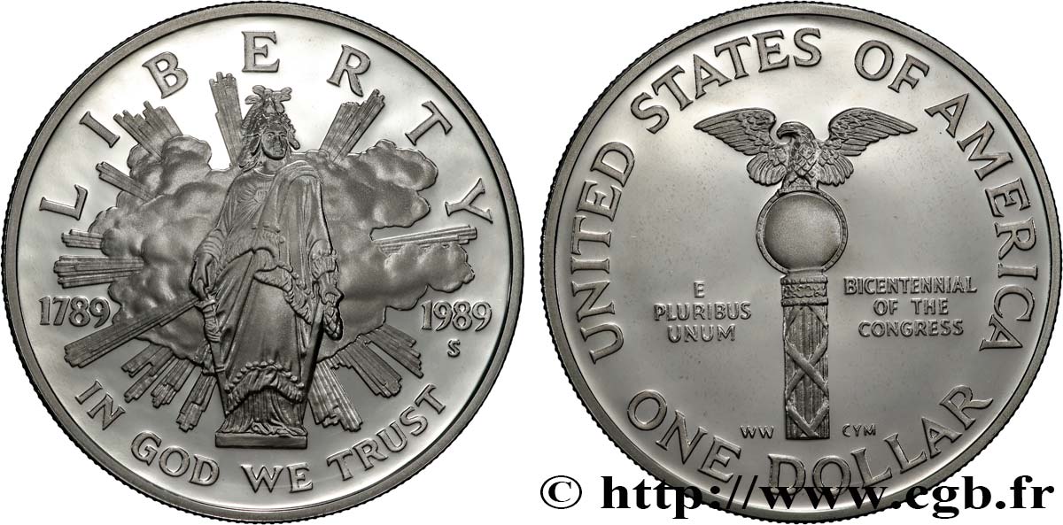 ÉTATS-UNIS D&nbsp;AMÉRIQUE 1 Dollar Proof bicentenaire du Congrès 1989 San Francisco - S FDC 