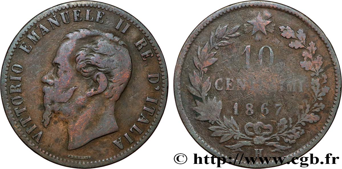 ITALY 10 Centesimi Victor Emmanuel II 1867 Birmingham VF 