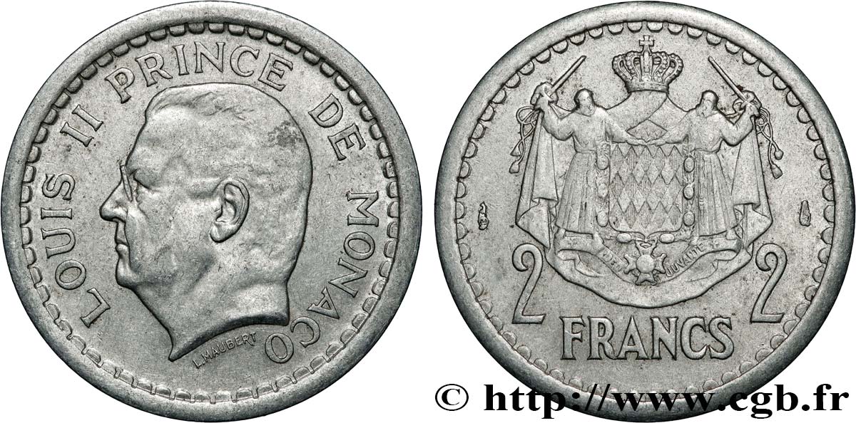 MONACO 2 Francs Louis II / armes (1943) Paris AU 