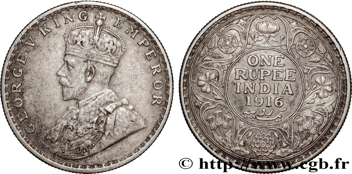 INDIA BRITANNICA 1 Rupee (Roupie) Georges V 1916 Calcutta BB 