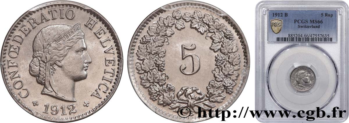 SVIZZERA  5 Centimes (Rappen) 1912 Berne FDC66 PCGS