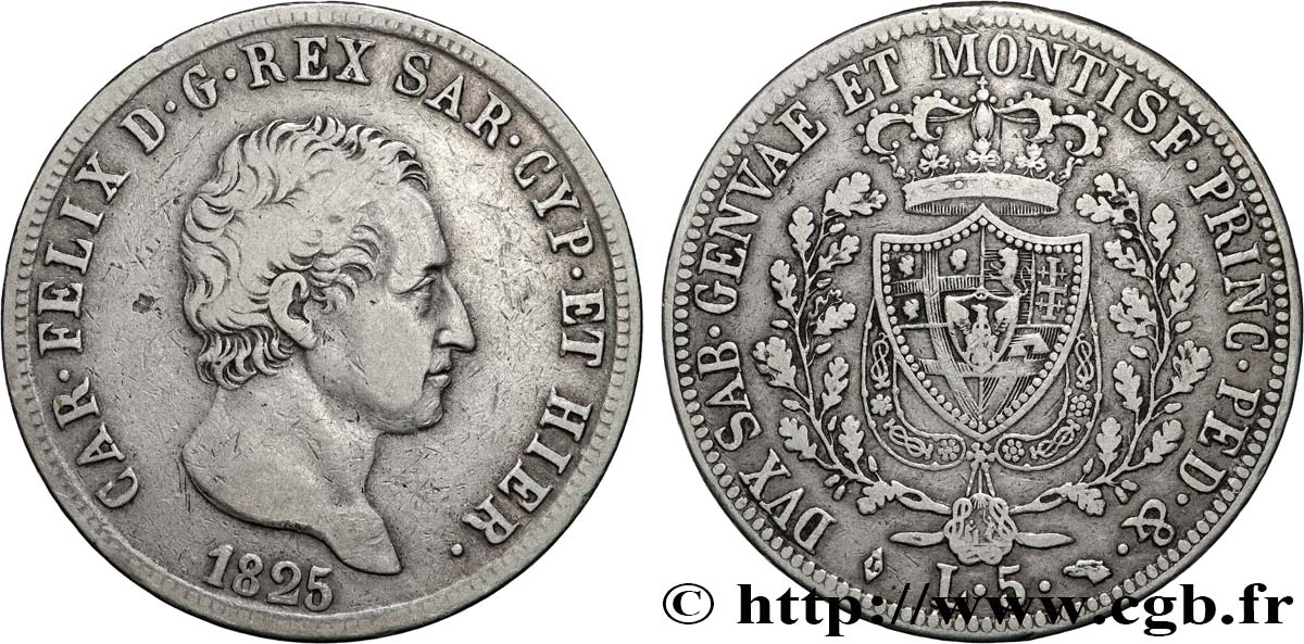 ITALY - KINGDOM OF SARDINIA - CHARLES-FELIX 5 Lire  1825 Turin VF 