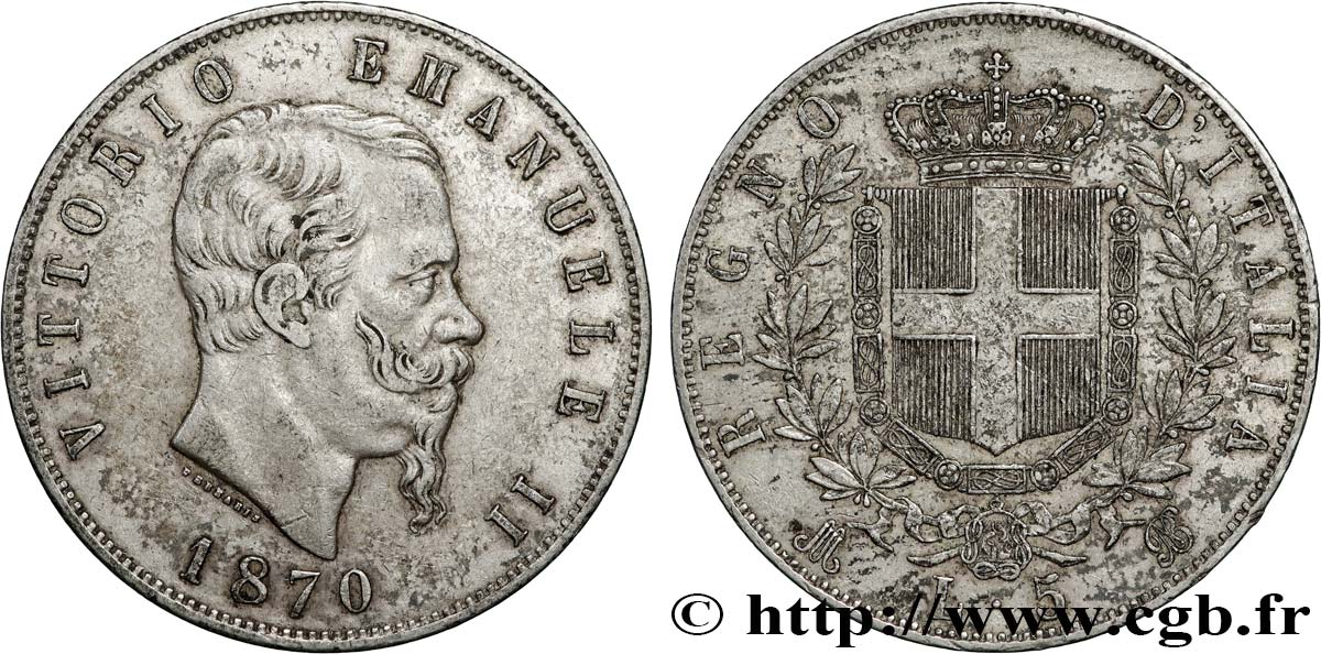 ITALY - KINGDOM OF ITALY - VICTOR-EMMANUEL II 5 Lire  1870 Milan AU 