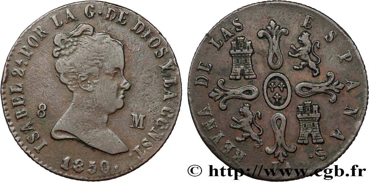 SPAIN 8 Maravedis Isabelle II 1850 Jubia XF 