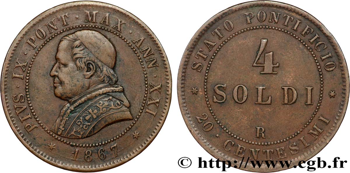 VATICAN ET ÉTATS PONTIFICAUX 4 Soldi (20 Centesimi) Pie IX an XXI 1867 Rome TTB 