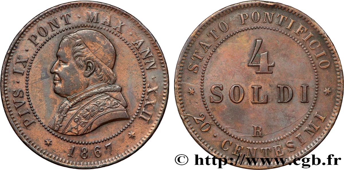VATICAN AND PAPAL STATES 4 Soldi (20 Centesimi) Pie IX an XXII 1867 Rome XF 