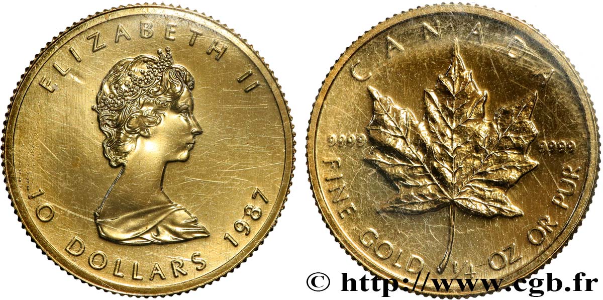 INVESTMENT GOLD 1/4 Oz - 10 Dollars or  mapple leaf  1987  ST 