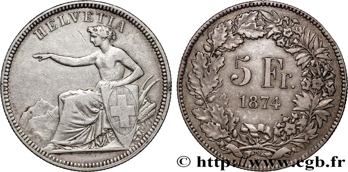 SUISSE 5 Francs Helvetia assise 1874 Bruxelles TB+ 