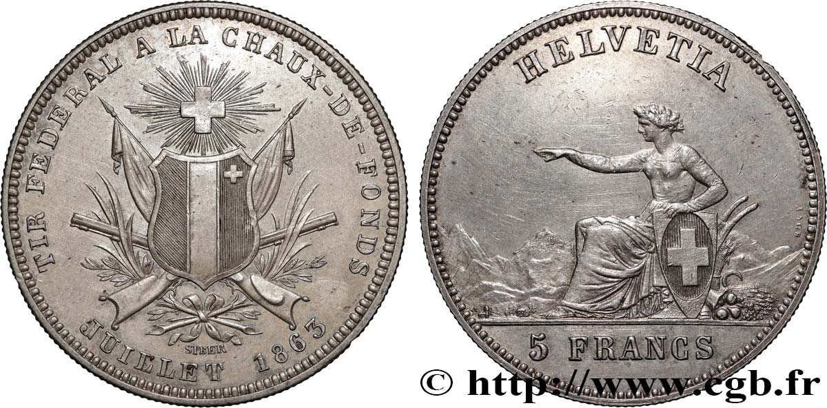 SCHWEIZ 5 Francs Tir fédéral de la Chaux-de-Fond 1863  fVZ 