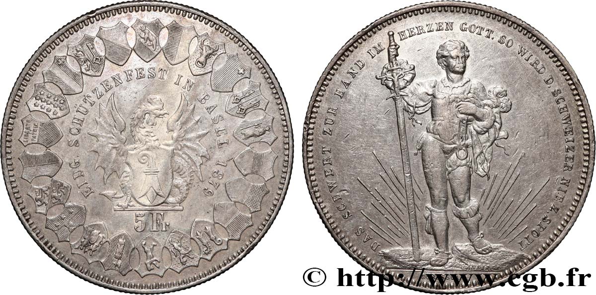 SUISSE 5 Francs, monnaie de Tir, Bâle 1879  TTB 