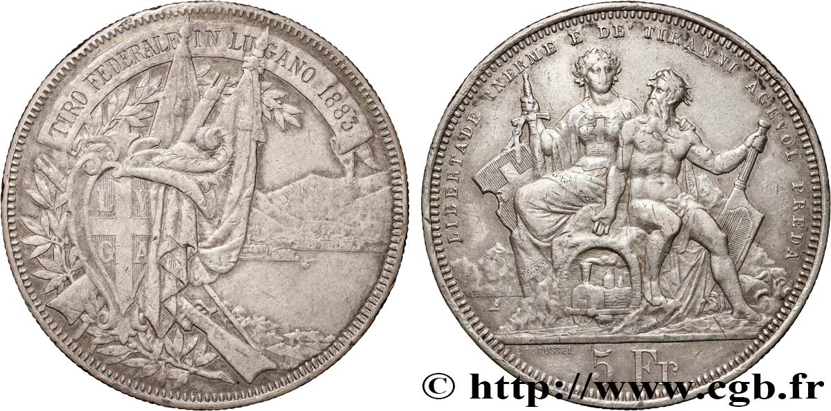 SUISSE 5 Francs, concours de Tir de Lugano 1883  TTB 