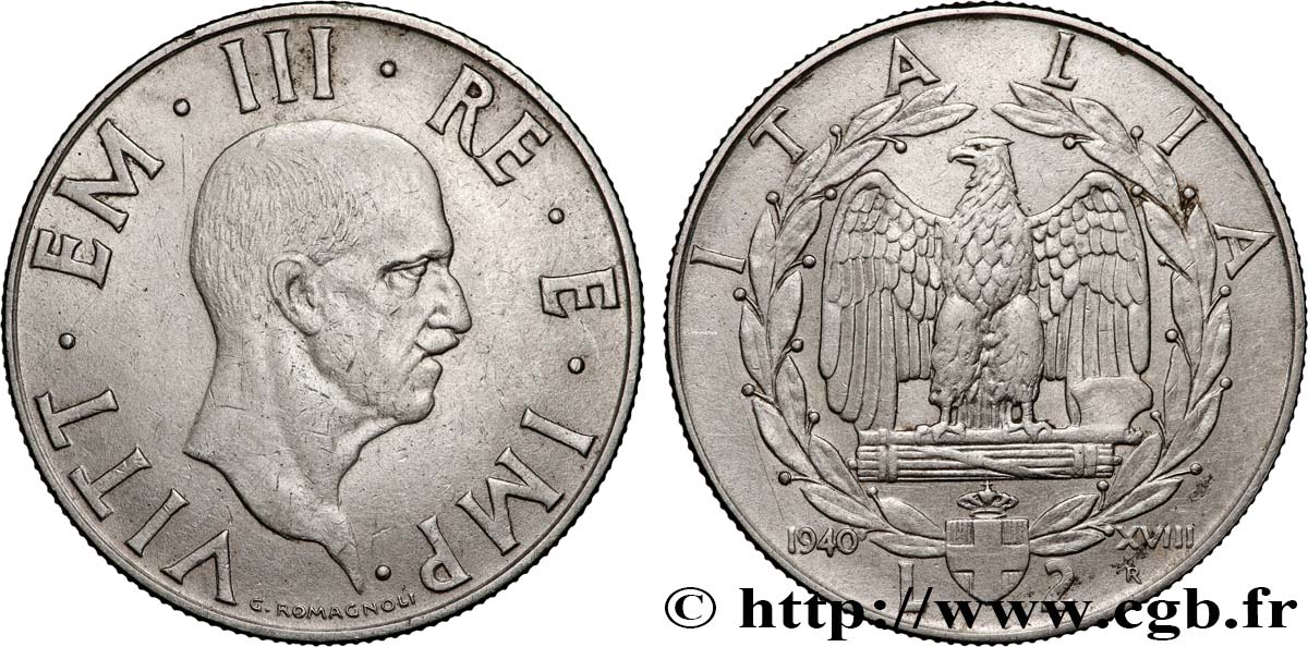 ITALY 2 Lire Victor Emmanuel III an XVIII 1940 Rome XF 