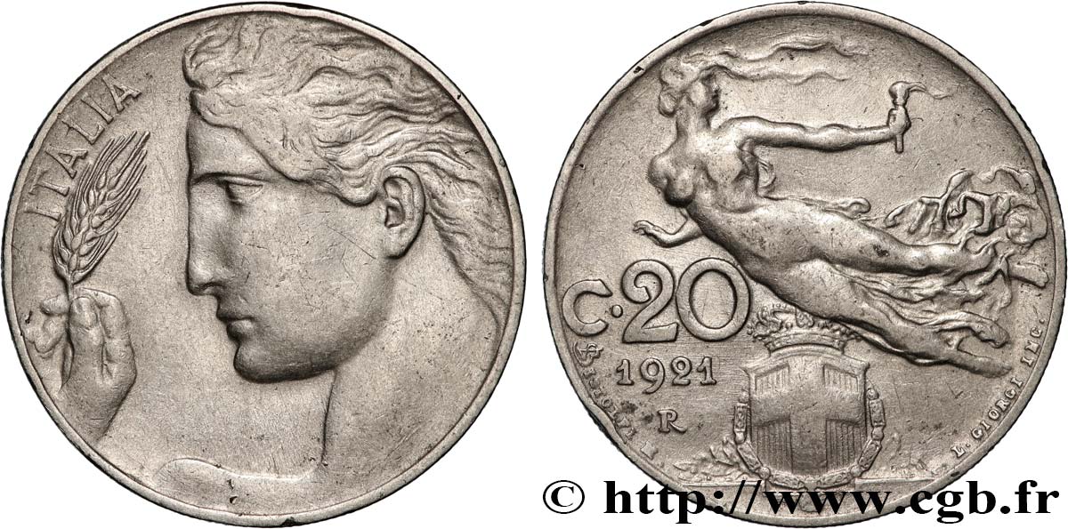 ITALIE 20 Centesimi allégorie de la Liberté 1921 Rome TTB+ 