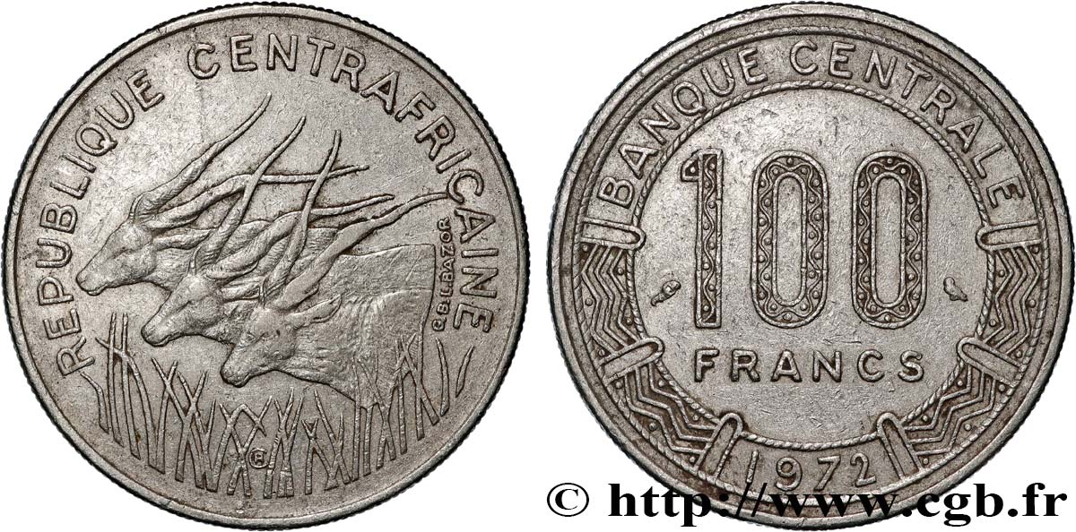 REPUBBLICA CENTRAFRICANA 100 Francs antilopes 1972 Paris q.SPL 