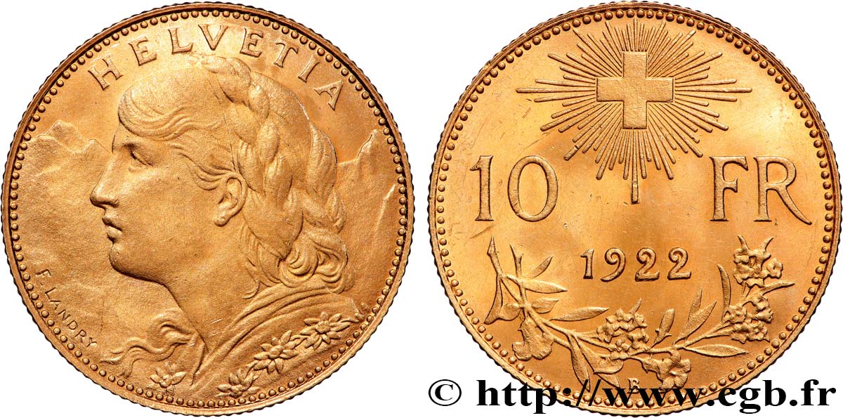 SCHWEIZ 10 Francs  Vreneli  1922 Berne fST 