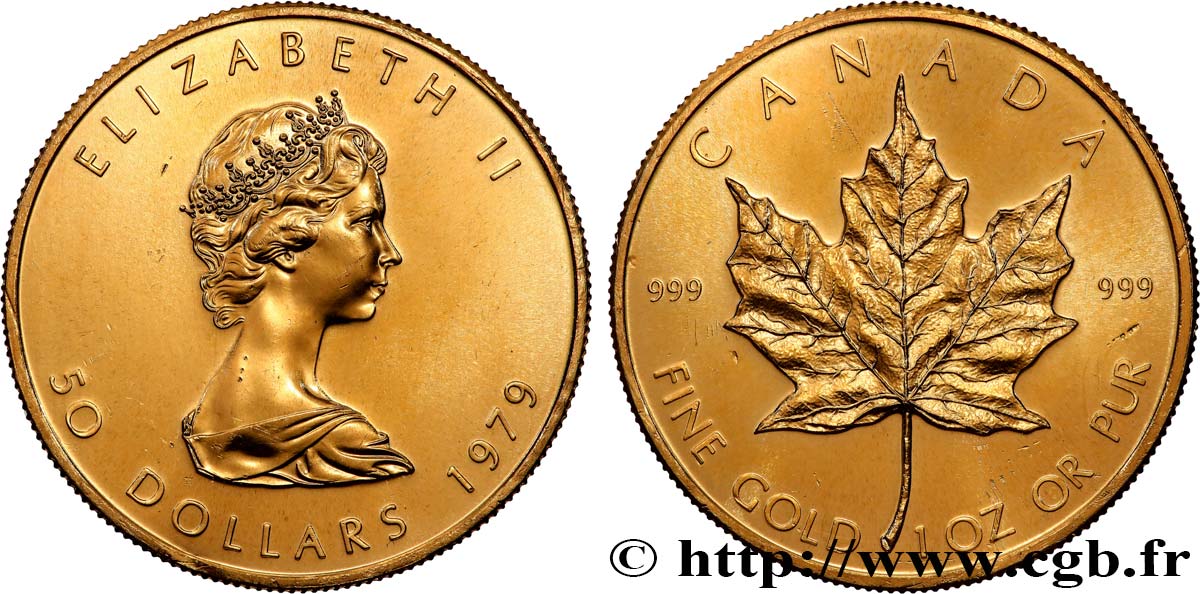 OR, PALLADIUM ET PLATINE INVESTISSEMENT 1 Oz - 50 Dollars &nbsp;Maple Leaf&nbsp; Elisabeth II 1979  SPL 