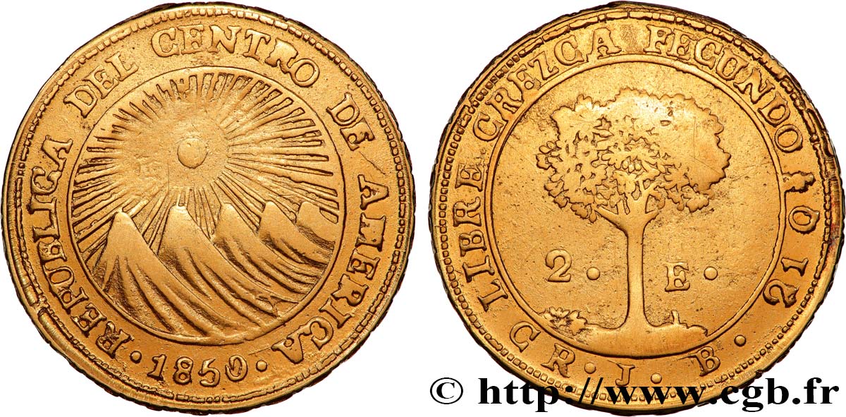 CENTRAL AMERICAN REPUBLIC 2 Escudos 1850 San José VF 