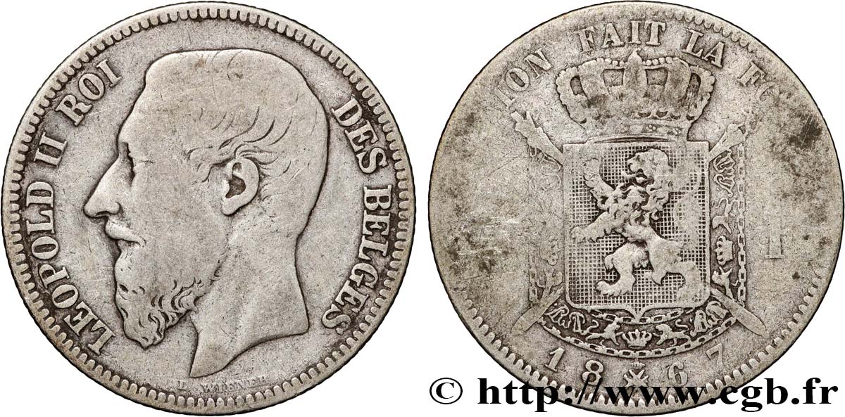 BELGIQUE 2 Francs Léopold II légende française 1867  TB 