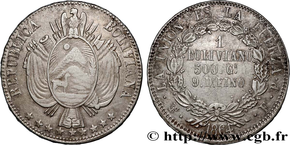 BOLIVIE 1 Boliviano 1864 Potosi TTB 