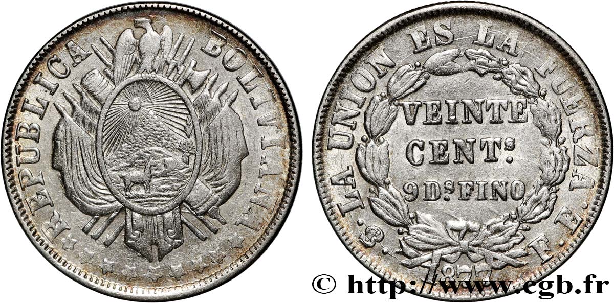 BOLIVIA 20 Centavos 1877 Potosi AU 