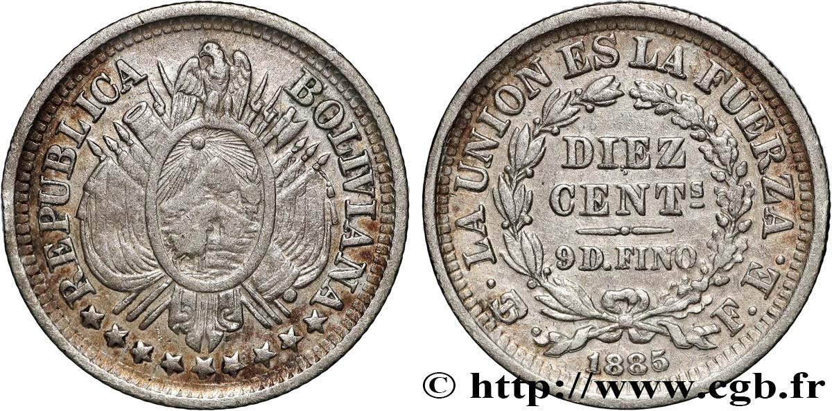 BOLIVIA 10 Centavos emblème de la Bolivie 1887 Potosi XF/AU 