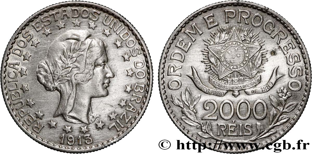 BRÉSIL 2000 Reis “Liberté” 1913  TTB/TTB+ 
