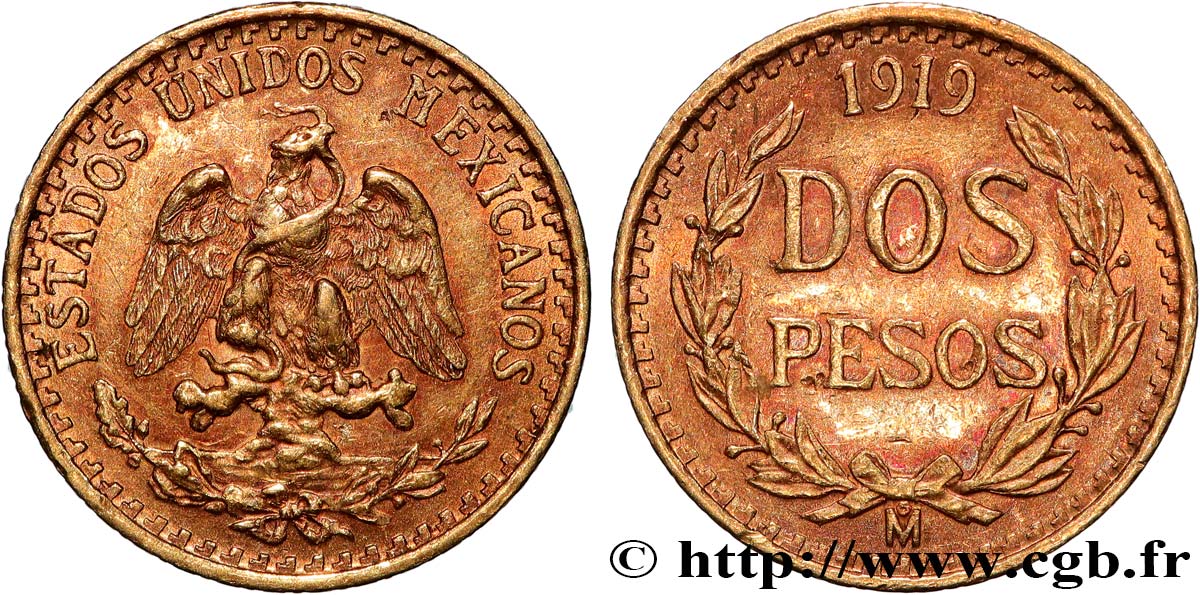 MEXICO 2 Pesos or Aigle du Mexique 1919 Mexico AU 