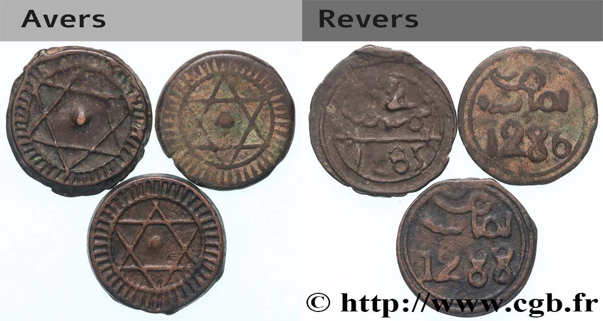 MAROC Lot de 3 monnaies marocaines (Falus) vers 1870  TTB 