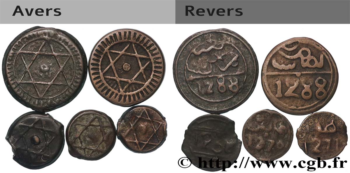 MARUECOS Lot de 5 monnaies marocaines ( 2 x 4 Falus et 3 x 1 Fels) vers 1870  BC+ 