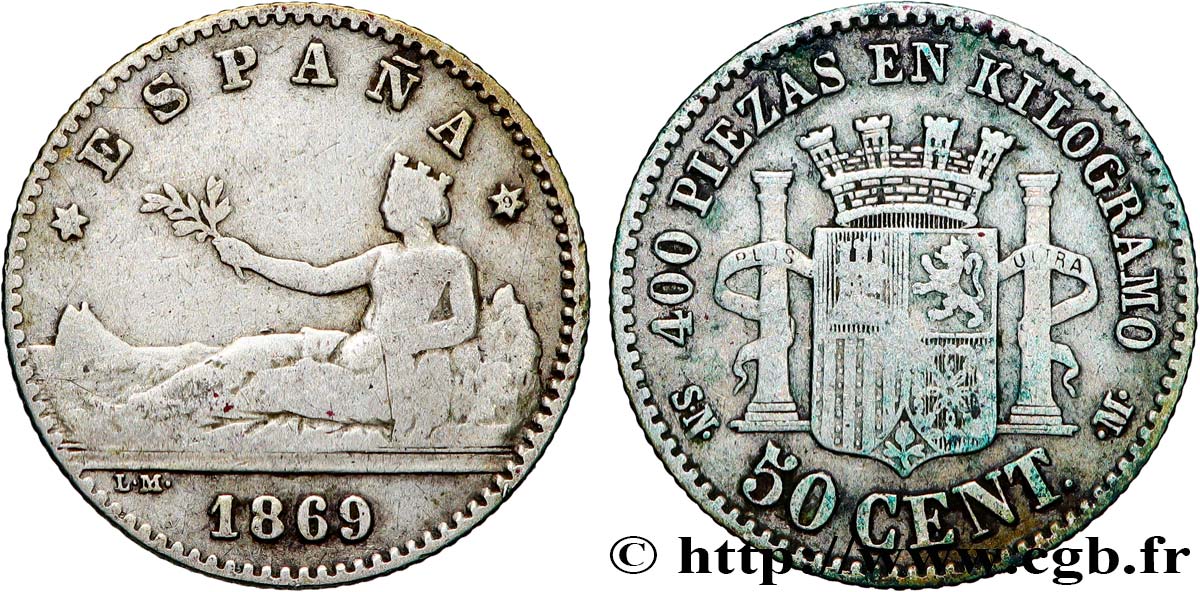 ESPAGNE 50 Centimos “ESPAÑA” 1869 Madrid TB 