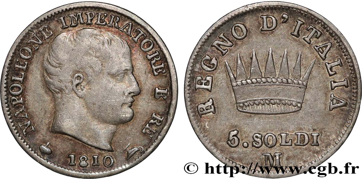 ITALY - KINGDOM OF ITALY - NAPOLEON I 5 Soldi 1810 Milan VF/XF 