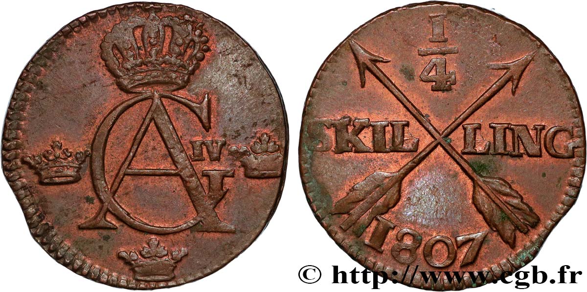 SWEDEN 1/4 Skilling monogramme du roi Gustave IV Adolphe 1807  AU 