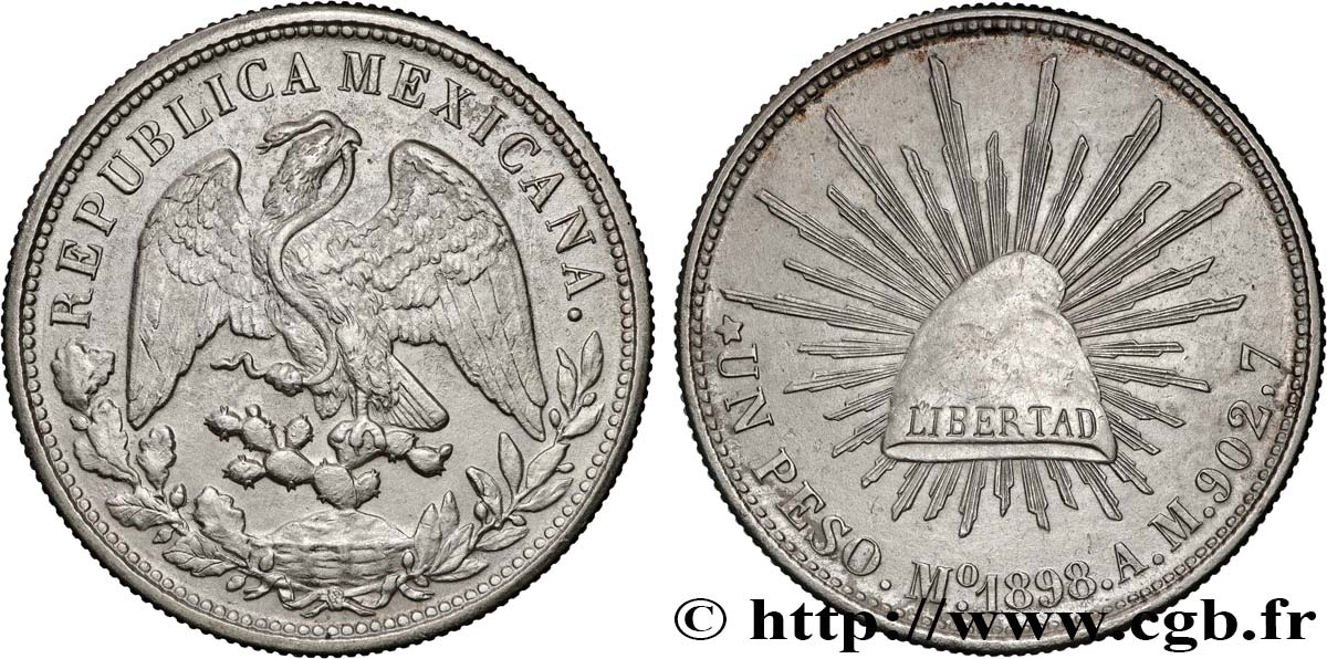 MEXIQUE 1 Peso aigle / bonnet phrygien et rayons 1898 Mexico TTB+ 