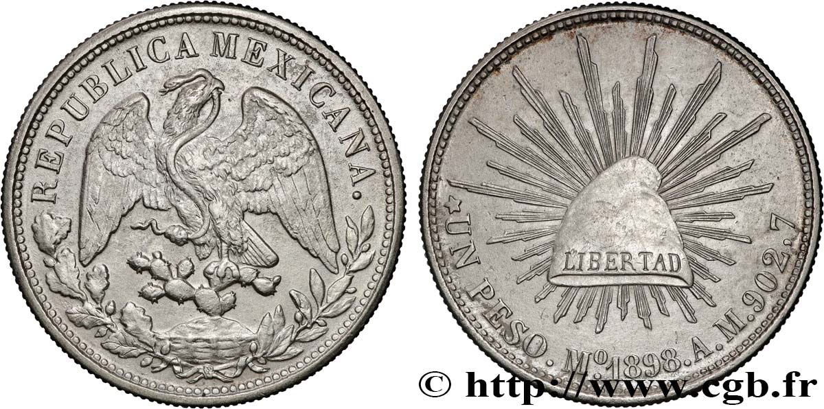 MEXIKO 1 Peso aigle / bonnet phrygien et rayons 1898 Mexico fVZ 