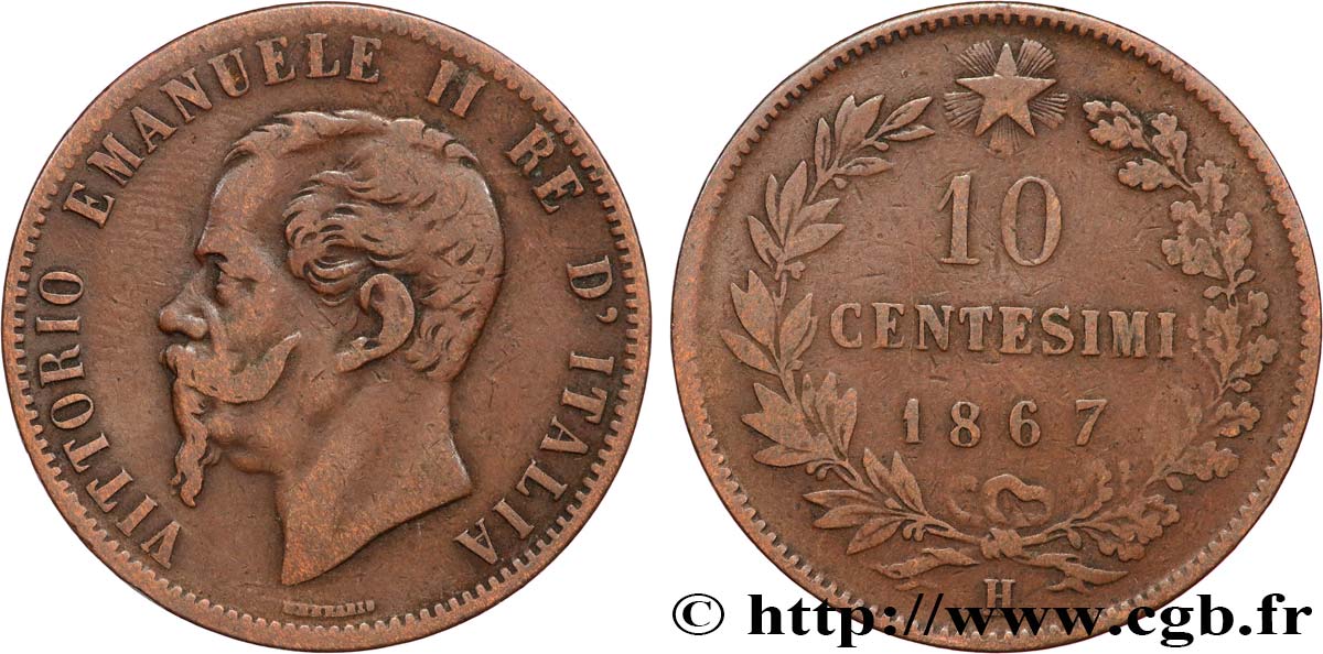 ITALIE 10 Centesimi Victor Emmanuel II 1867 Birmingham TB+ 