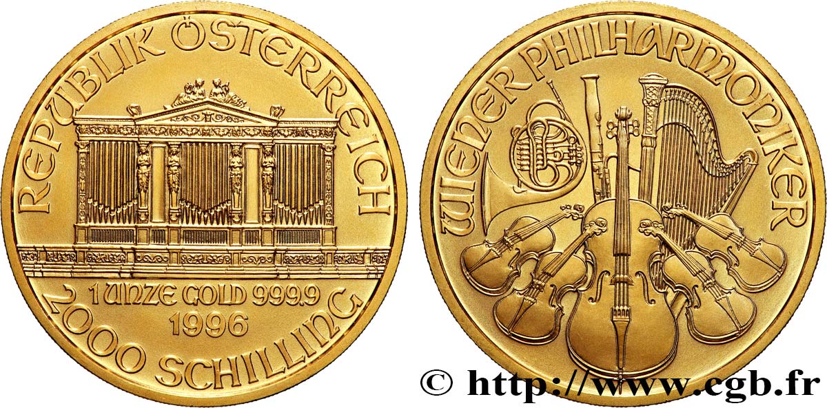 GOLD, PALLADIUM & PLATINUM INVESTMENT 1 Oz - 2000 Schilling LE PHILARMONIQUE DE VIENNE 1996 Vienne MS 