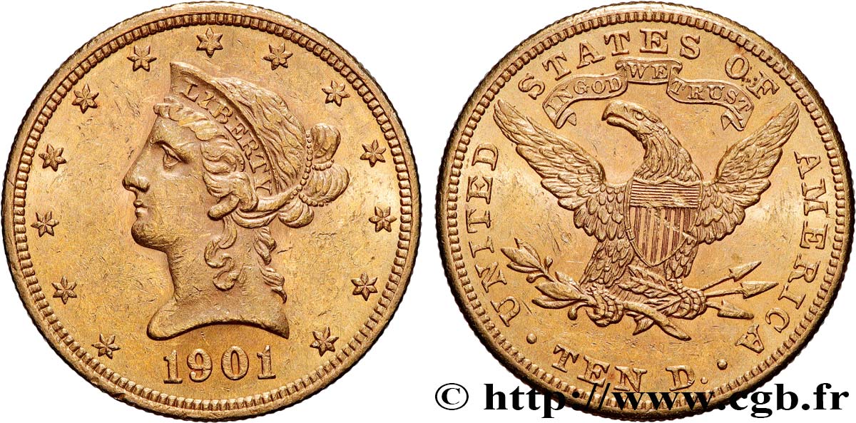 OR, PALLADIUM ET PLATINE INVESTISSEMENT 10 Dollars &nbsp;Liberty&nbsp; 1901 Philadelphie TTB+ 