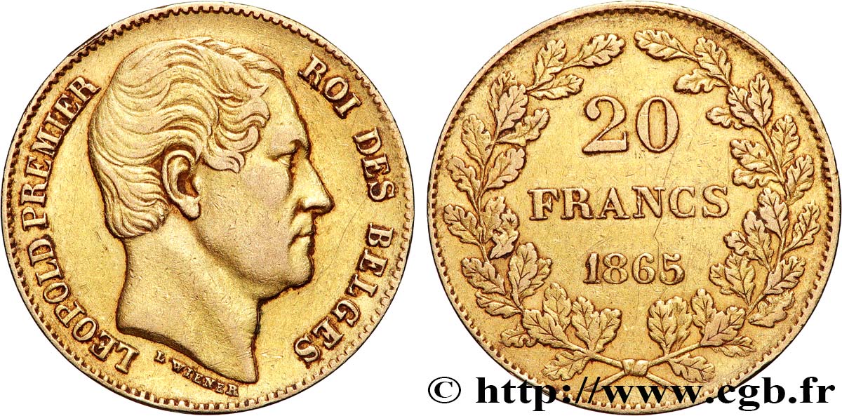 OR, PALLADIUM ET PLATINE INVESTISSEMENT 20 Francs Léopold Ier 1865 Bruxelles TTB 