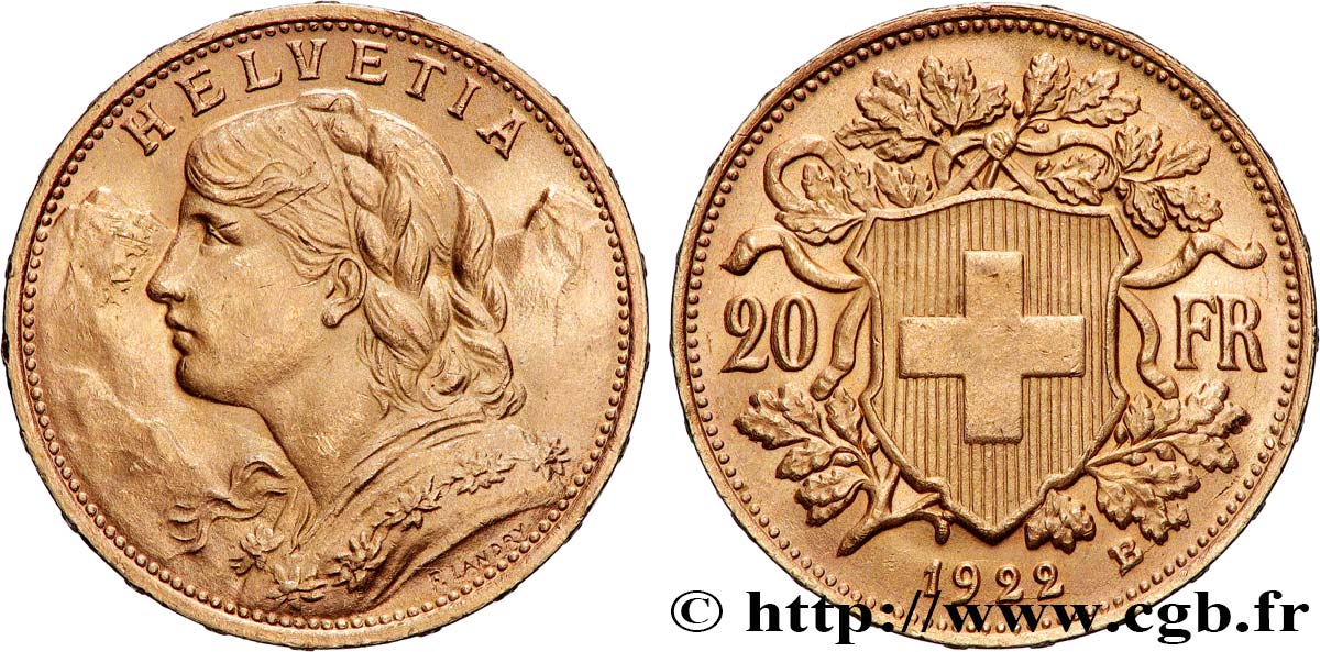 OR, PALLADIUM ET PLATINE INVESTISSEMENT 20 Francs &nbsp;Vreneli&nbsp;  1922 Berne SUP 
