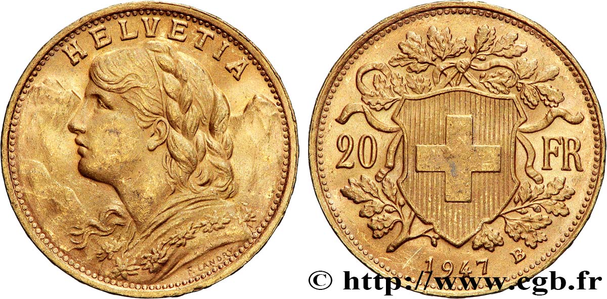 OR, PALLADIUM ET PLATINE INVESTISSEMENT 20 Francs or &nbsp;Vreneli&nbsp; 1947 Berne SUP 