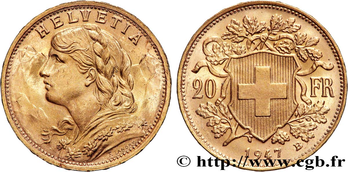 OR, PALLADIUM ET PLATINE INVESTISSEMENT 20 Francs or &nbsp;Vreneli&nbsp; 1947 Berne SUP 