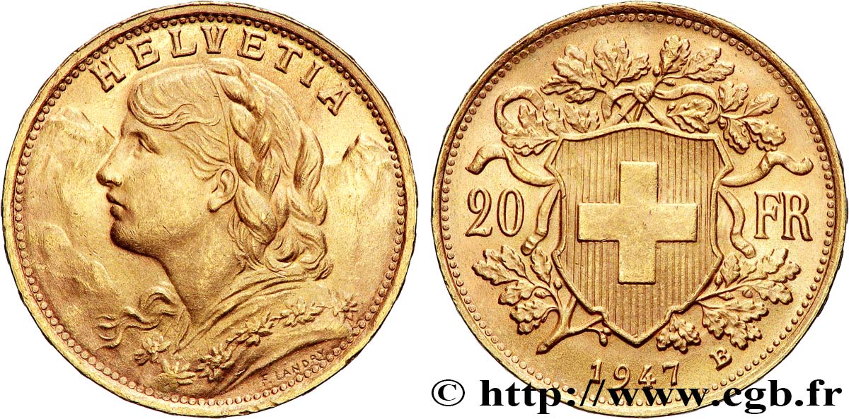 OR, PALLADIUM ET PLATINE INVESTISSEMENT 20 Francs or &nbsp;Vreneli&nbsp; 1947 Berne SUP 