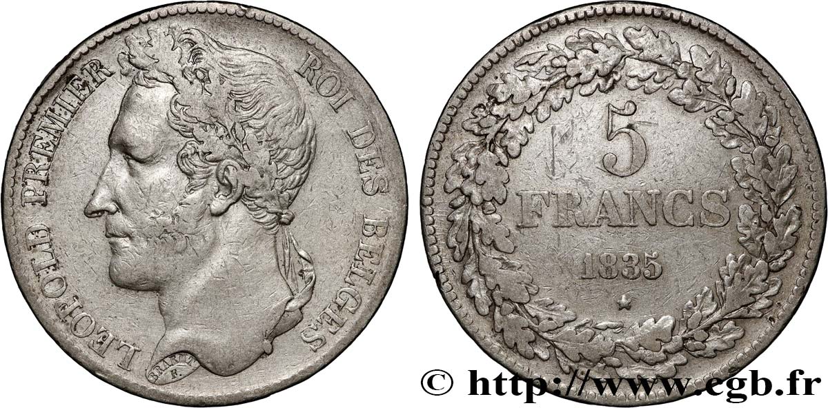 BÉLGICA 5 Francs Léopold Ier tête laurée 1835  MBC 