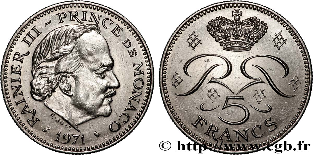 MONACO 5 Francs Rainier III 1971 Paris AU 
