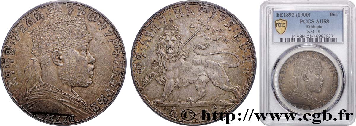 ETIOPIA 1 Birr Menelik II EE1892 1900 Paris EBC58 PCGS