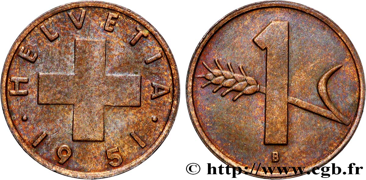 SUISSE 1 Centime Croix Suisse / épi d’avoine 1951 Berne SUP 