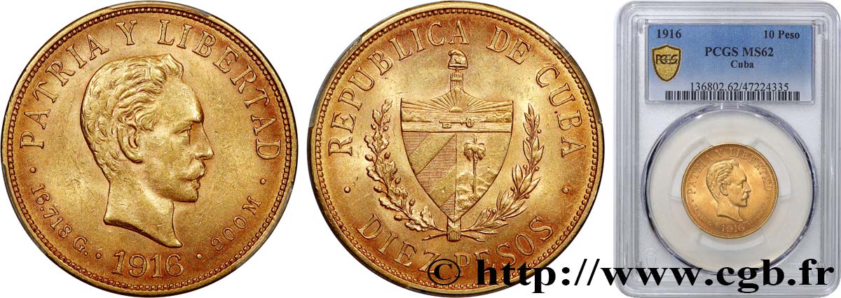 CUBA 10 Pesos 1916 Philadelphie MS62 PCGS