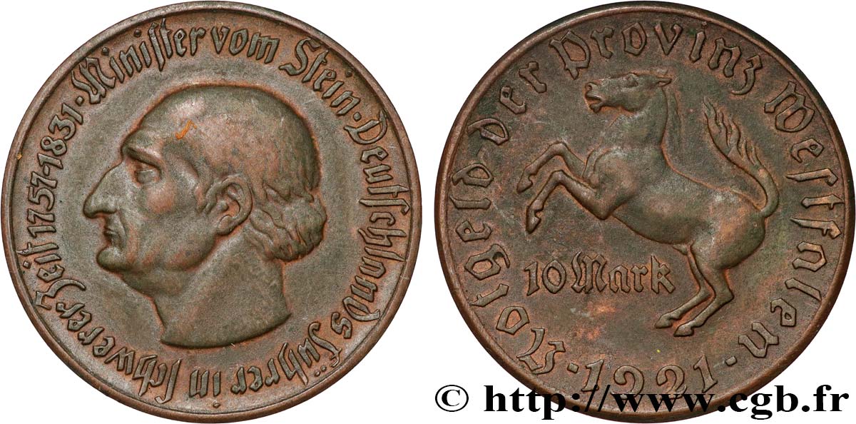 GERMANY 10 Mark  Westphalie vom Stein 1921  AU 